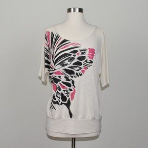 INC Ivory Tee - colorful butterfly blouse Size M